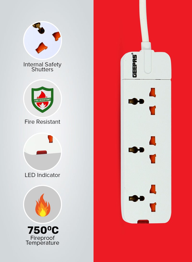 GEEPAS 3 Way Extension Socket 13A - Charge Multiple Devices with Child Safe, Extra Long Cord & Over Current Protected | Ideal For All Electronic Devices, 3m White - Image 2