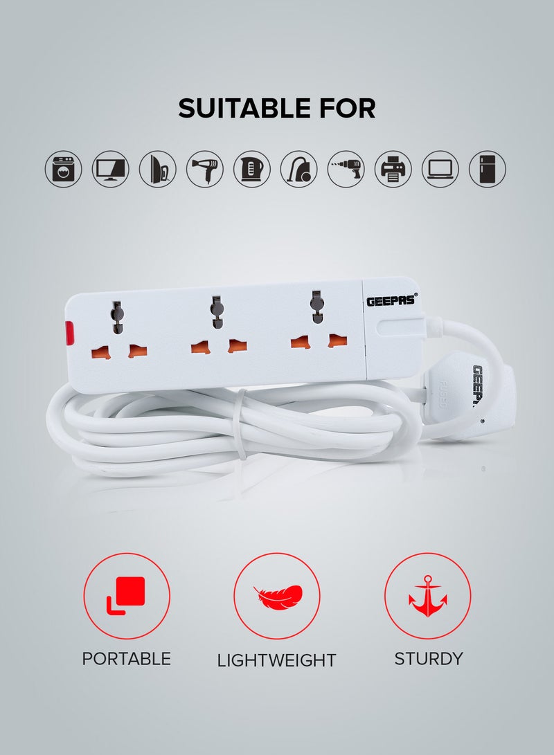 GEEPAS 3 Way Extension Socket 13A - Charge Multiple Devices with Child Safe, Extra Long Cord & Over Current Protected | Ideal For All Electronic Devices, 3m White - Image 5