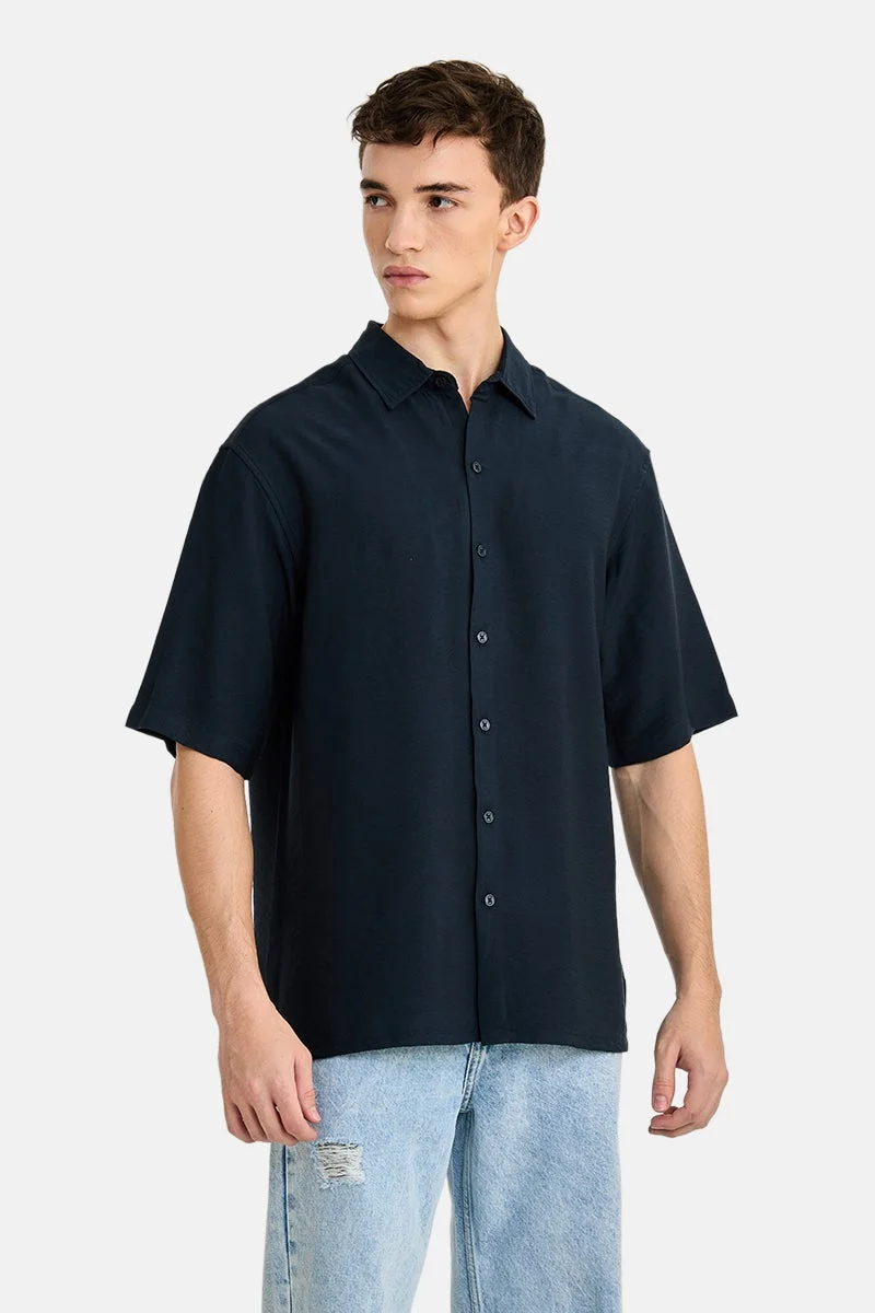 SNITCH Navy Textured Half Sleeve Regular Fit Casual Shirt