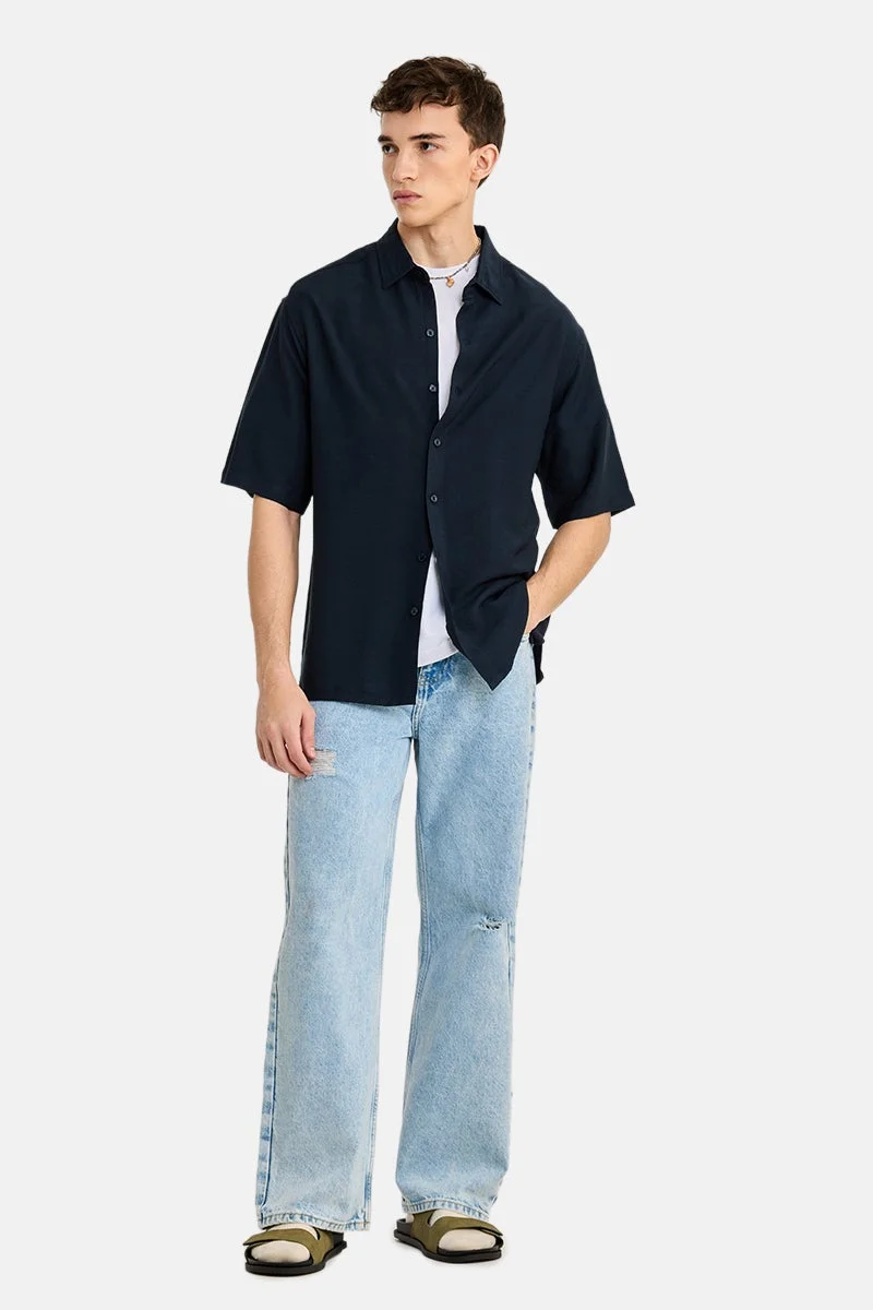 SNITCH Navy Textured Half Sleeve Regular Fit Casual Shirt