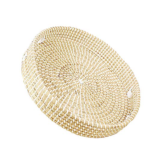 YIWEN Natural Seagrass Woven Round Serving Tray, 14 Inch Diameter x 2.6 Inch Height, White, Rustic, Perfect for Food, Drinks, Miscellaneous Items - Image 1