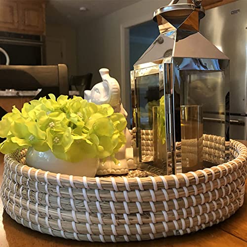 YIWEN Natural Seagrass Woven Round Serving Tray, 14 Inch Diameter x 2.6 Inch Height, White, Rustic, Perfect for Food, Drinks, Miscellaneous Items - Image 4