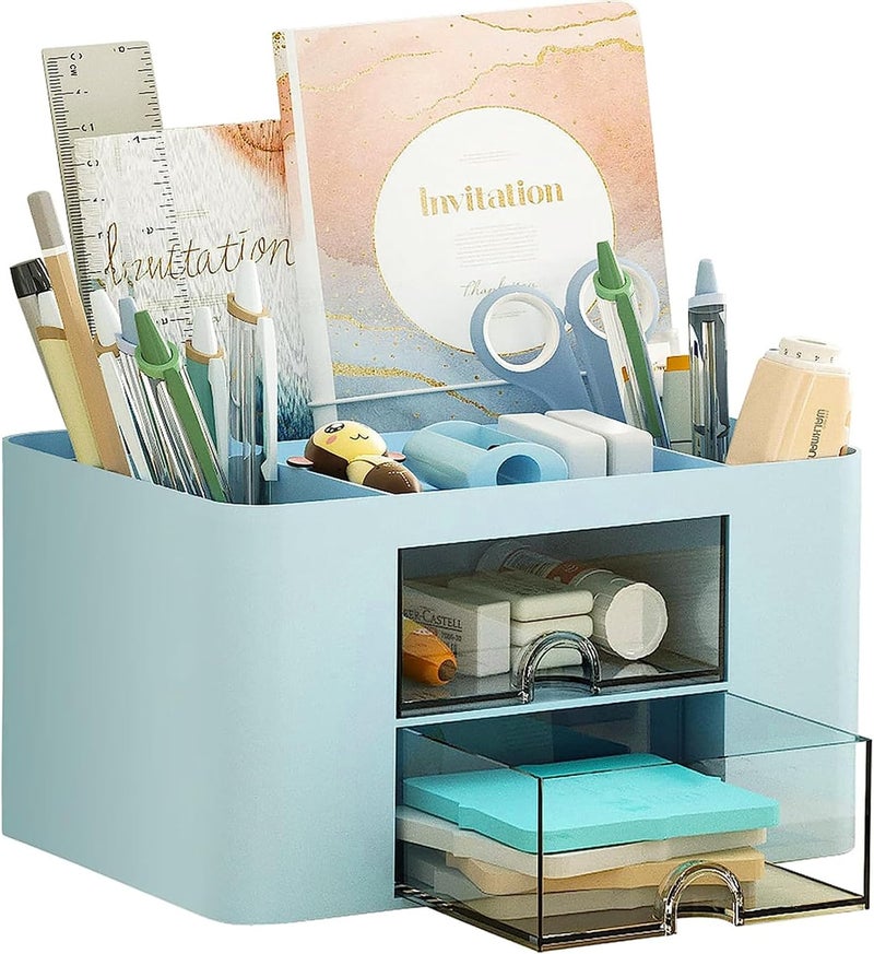 COMFYROOM Desk Organizer with 4 Compartments and 2 Drawers, Pen Holder for Desktop Storage, Makeup Organizer, Desk Organization and Accessories for School, Home, Office Supplies (Blue) - Image 1