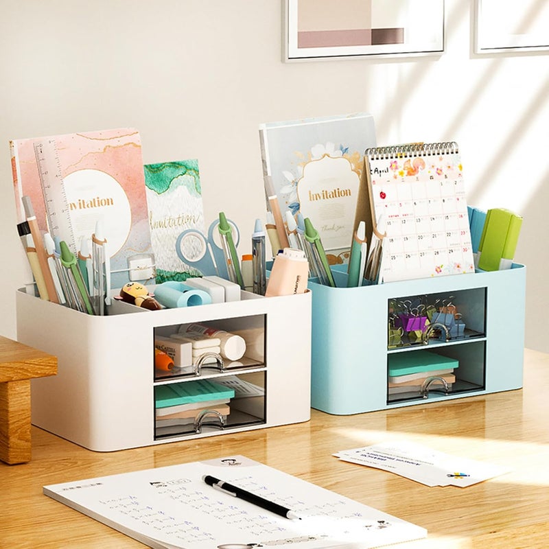 COMFYROOM Desk Organizer with 4 Compartments and 2 Drawers, Pen Holder for Desktop Storage, Makeup Organizer, Desk Organization and Accessories for School, Home, Office Supplies (Blue) - Image 5