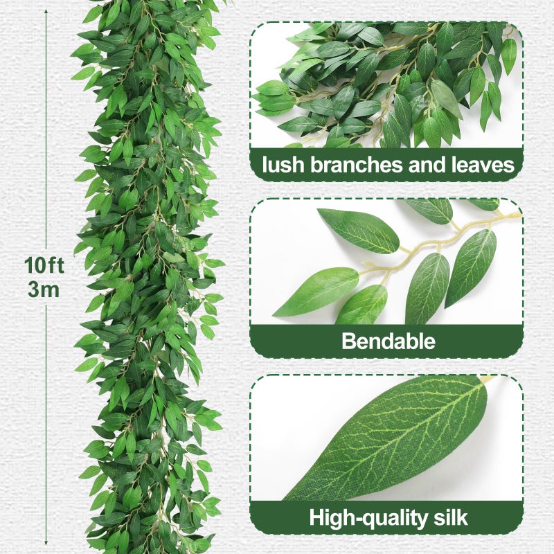 Suncalla 2 Pcs 10 Feet Artificial Vines Garland Faux Italian Ruscus Vine Twigs Silk Green Leaves Greenery Garland for Wedding Table Centerpieces Arch Decor Party Room Home Garden Office Wall Decor - Image 2