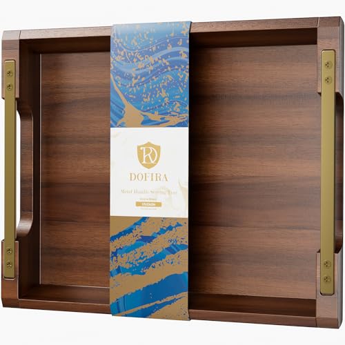 Dofira Acacia Wood Serving Tray with Metal Handles, 17x13in Large Ottoman Tray, Food Drinks Tray for Coffee Table, Breakfast, Dinner & Bar, Rustic Decorative Tray for Kitchen, Bedroom Gift Box - Image 1
