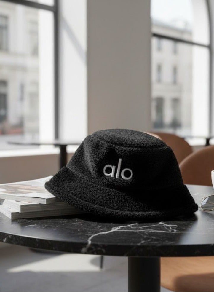 alo Luxury winter fur bucket hat with Alo logo - soft and warm material, stylish unisex design, perfect for winter and everyday outings with a distinctive casual style (black) - Image 3