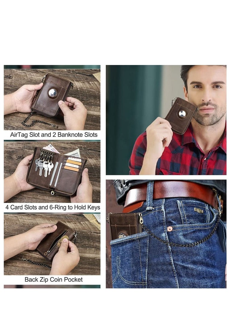 KASTWAVE Mens Bifold Wallet Chain Leather Key Wallet for Men AirTag Purse Credit Card Wallet Slim PU Leather Money Clip Key Wallet for Men Zipper Wallet Coin Card Holder with RFID Blocking(Coffee)  - Image 2