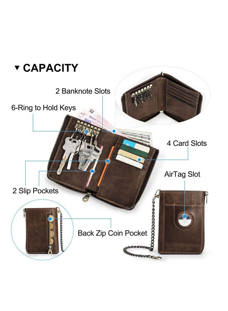 KASTWAVE Mens Bifold Wallet Chain Leather Key Wallet for Men AirTag Purse Credit Card Wallet Slim PU Leather Money Clip Key Wallet for Men Zipper Wallet Coin Card Holder with RFID Blocking(Coffee)  - Image 3