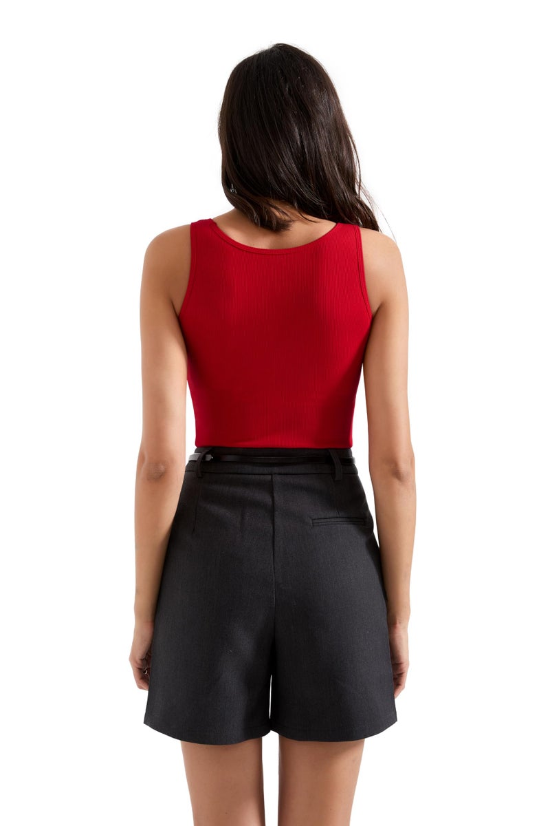 SUUKSESS Women Cotton Rib Squre Neck Tops Sleeveless Summer Padded Basic Tank Top (Red, Large) - Image 3