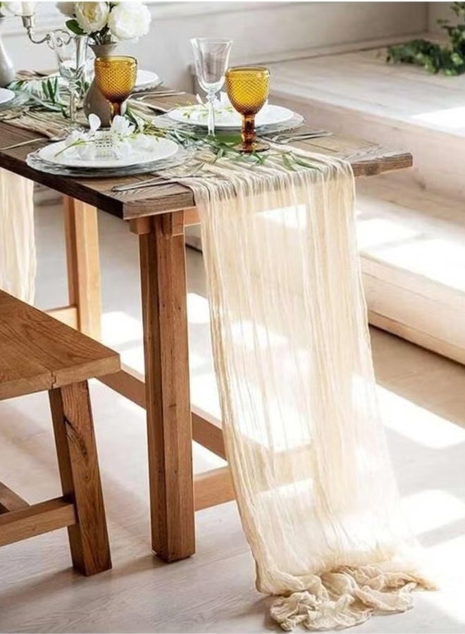 مفرش طاولة من قماش الشاش (Cheesecloth) بمقاس 180 × 90 سم، تصميم بوهيمي ريفي شبه شفاف، مناسب لحفلات الزفاف، حفلات استقبال المواليد، حفلات توديع العزوبية (Bridal Shower)، تزيين طاولات المنزل، أعياد الميلاد، لون بيج - Image 4