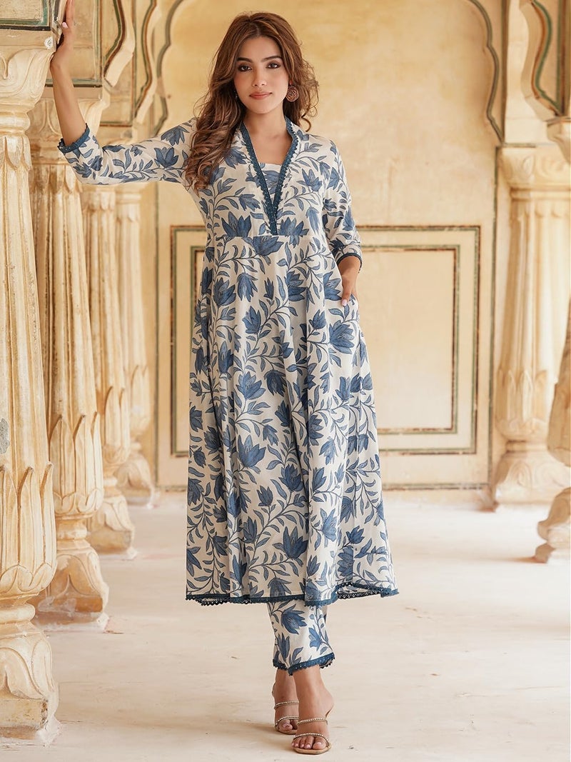 LookMark Women's Printed Cotton Blend A-line Kurta Pant Dupatta Set with Lace - Elegant Ethnic Wear for Women - Perfect for Casual and Festive Occasions (AZ-LM-OG-KS2114 Blue-L) - Image 4