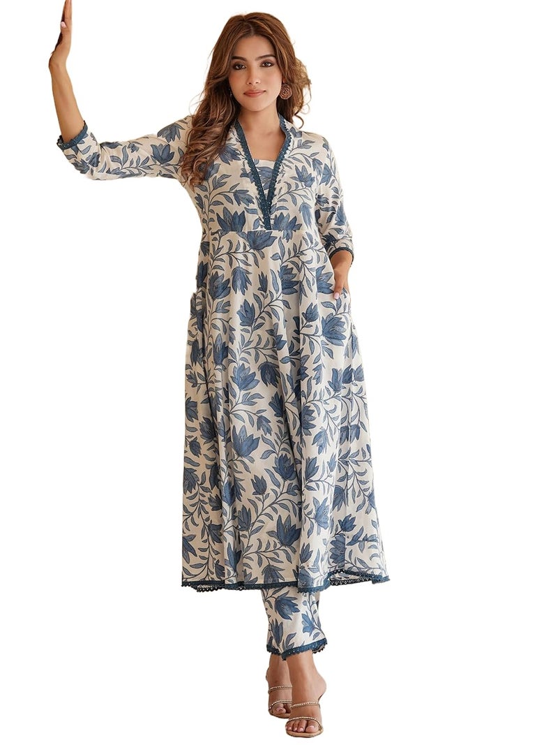 LookMark Women's Printed Cotton Blend A-line Kurta Pant Dupatta Set with Lace - Elegant Ethnic Wear for Women - Perfect for Casual and Festive Occasions (AZ-LM-OG-KS2114 Blue-L) - Image 1