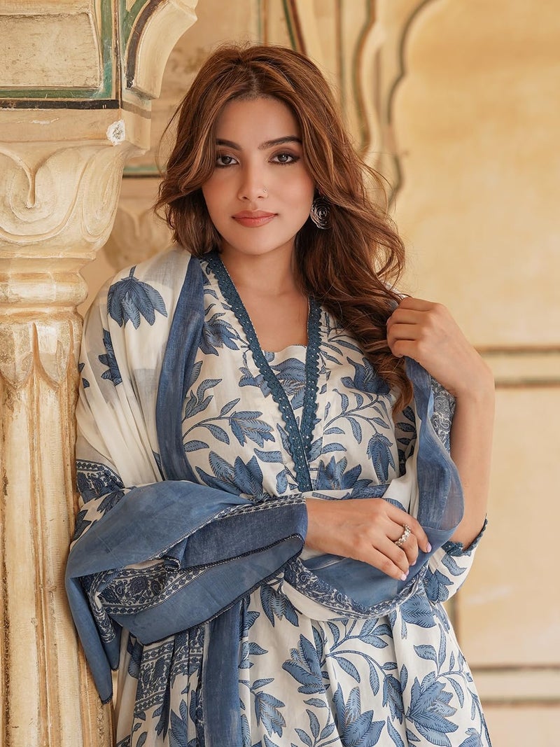 LookMark Women's Printed Cotton Blend A-line Kurta Pant Dupatta Set with Lace - Elegant Ethnic Wear for Women - Perfect for Casual and Festive Occasions (AZ-LM-OG-KS2114 Blue-L) - Image 2