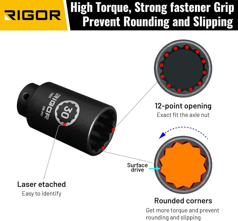 Rigor 11011 30mm Axle Nut Impact Socket | 1/2-Inch Drive, 12 Point, Deep, CR-MO, Metric | Quick-Fit for Hog Ring Anvil | Laser Etched - Image 3
