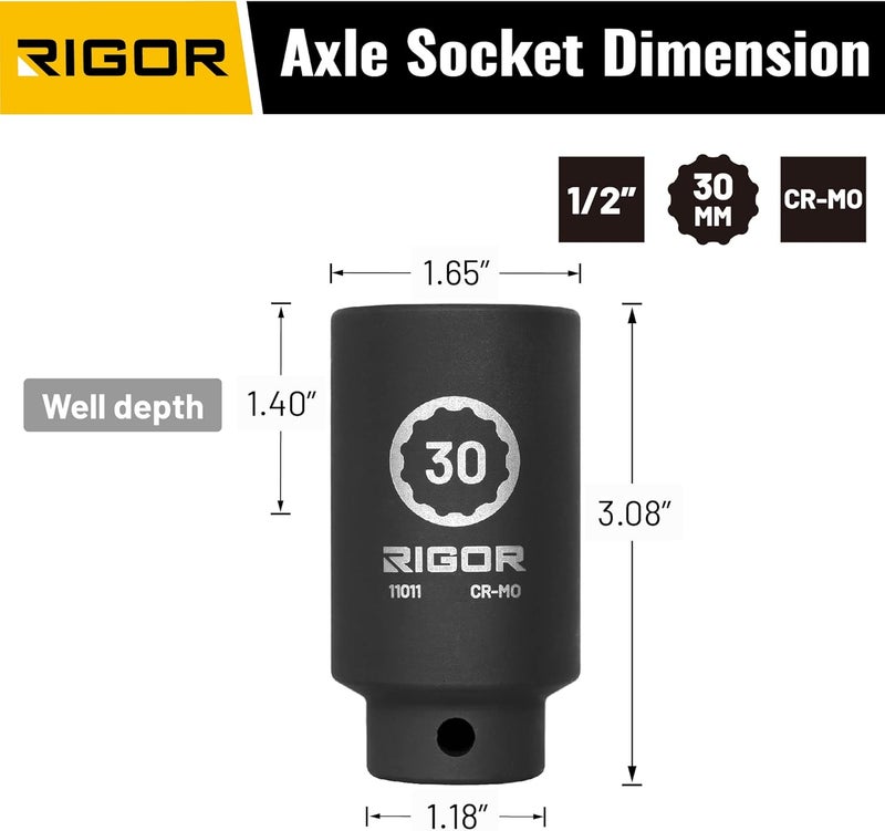 Rigor 11011 30mm Axle Nut Impact Socket | 1/2-Inch Drive, 12 Point, Deep, CR-MO, Metric | Quick-Fit for Hog Ring Anvil | Laser Etched - Image 2