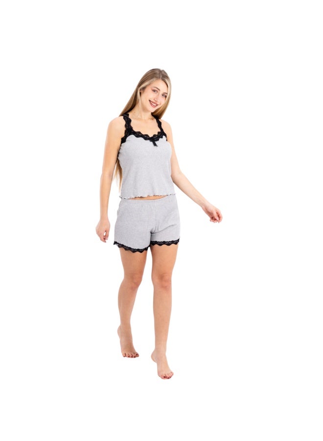zecotex  Women's 2-Piece Ribbed Cotton Pajama Set - Lace-Trimmed Cami Top & Shorts - Available in Grey - Image 5