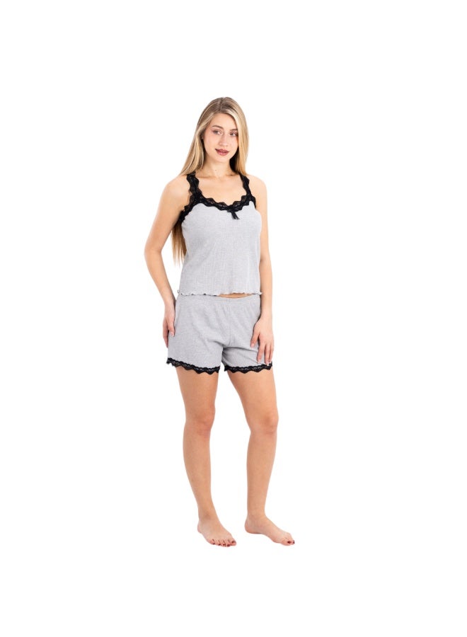 zecotex  Women's 2-Piece Ribbed Cotton Pajama Set - Lace-Trimmed Cami Top & Shorts - Available in Grey - Image 2