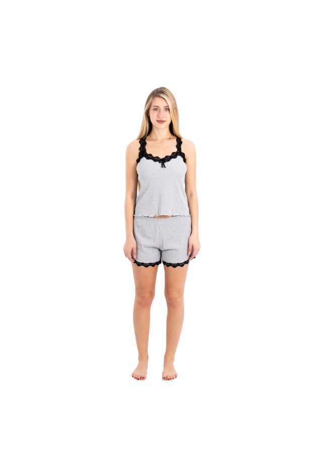 zecotex  Women's 2-Piece Ribbed Cotton Pajama Set - Lace-Trimmed Cami Top & Shorts - Available in Grey - Image 1