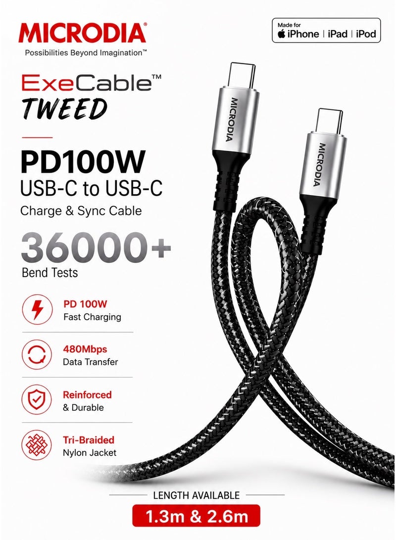 ميكروديا مايكروديا EXECable Tweed كابل USB-C إلى USB-C PD100W للشحن السريع، نقل بيانات بسرعة 480Mbps، نايلون مضفر ثلاثي الطبقات، شريحة E-Mark ذكية، بطول 1.3 متر أو 2.6 متر - Image 3