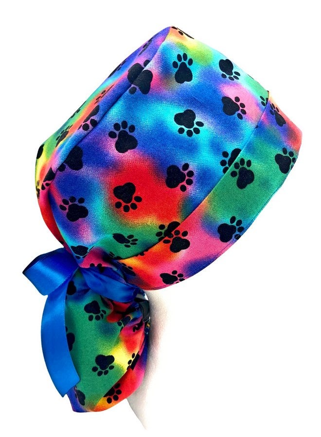 Generic Scrub Cap, dog paws on rainbow clouds. Select ribbon tie backs from 3 color options. - Image 1