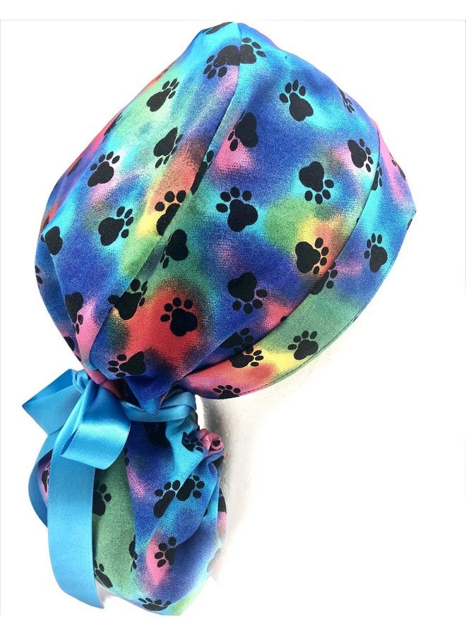 Generic Scrub Cap, dog paws on rainbow clouds. Select ribbon tie backs from 3 color options. - Image 2