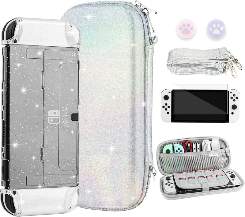 FANPL حزمة حقائب FANPL Glitter Case لإكسسوارات Nintendo Switch OLED، حقيبة تحميل بلون قوس قزح متلألئة لجهاز Switch OLED وجهاز Joy Con مع غطاء واقي وحامي للشاشة، بالإضافة إلى 2 قبضة للإبهام وحزام للكتف. - Image 1
