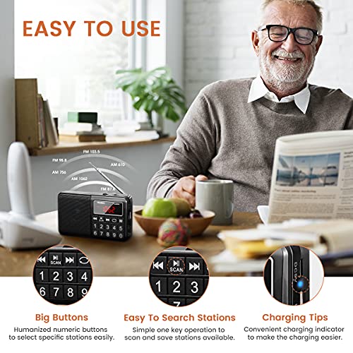PRUNUS 429 Small Radio, Pocket Radio, AM FM Radios USB Charging, Large Button, Neodymium Speaker, Auto Save, USB Flash Drive, SD Card AUX Input MP3, Shortwave Radios for Elderly and Senior(Black) - Image 4