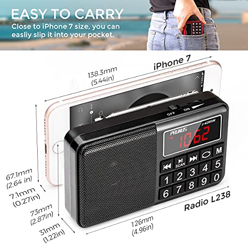 PRUNUS 429 Small Radio, Pocket Radio, AM FM Radios USB Charging, Large Button, Neodymium Speaker, Auto Save, USB Flash Drive, SD Card AUX Input MP3, Shortwave Radios for Elderly and Senior(Black) - Image 2
