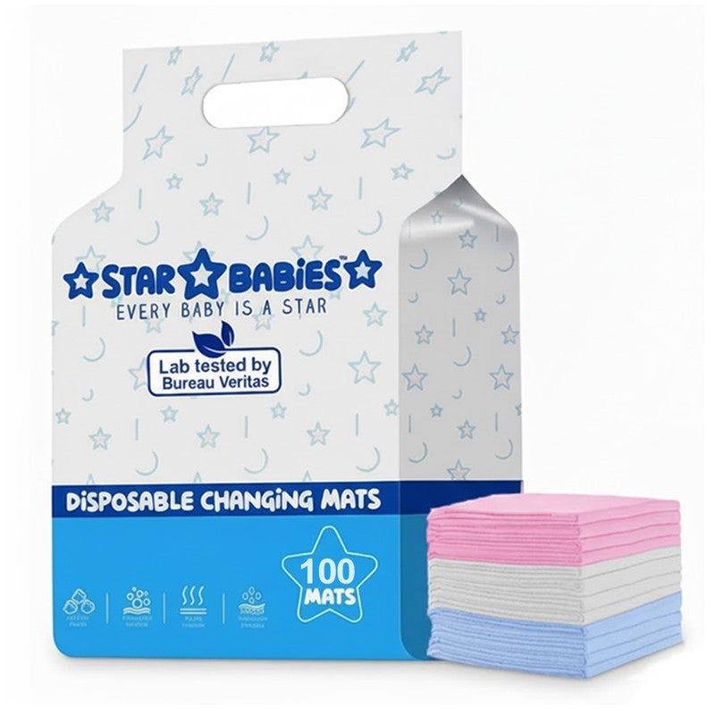 STAR BABiES حصائر تغيير الحفاضات القابلة للاستخدام مرة واحدة من ستار بيبيز عبوة من 100 متنوعة 33x45-أزرق، 45x60-أبيض، 60x60-وردي - Image 1