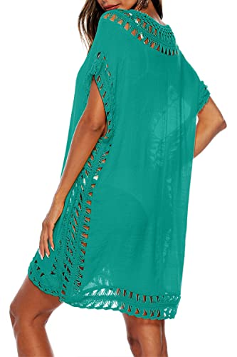 Adisputent Swimsuit Coverups for Women Swimwear Crochet Chiffon V Neck Mesh Pool Dress Swim Beach Bathing Suits Cover Ups Turquoise One Size - Image 3