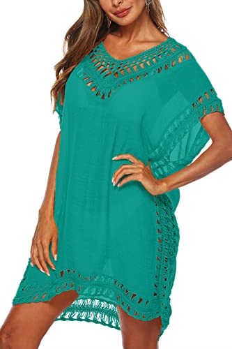 Adisputent Swimsuit Coverups for Women Swimwear Crochet Chiffon V Neck Mesh Pool Dress Swim Beach Bathing Suits Cover Ups Turquoise One Size - Image 1