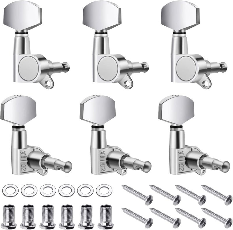 Flexzion Acoustic Guitar Tuning Pegs - 3x3 Chrome Finish Acoustic and Electric Guitar Tuner Pegs - 6 Pieces Locking Keys String Tuner Machine Heads Knobs Replacement, Silver - Image 1