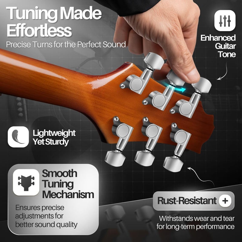 Flexzion Acoustic Guitar Tuning Pegs - 3x3 Chrome Finish Acoustic and Electric Guitar Tuner Pegs - 6 Pieces Locking Keys String Tuner Machine Heads Knobs Replacement, Silver - Image 3