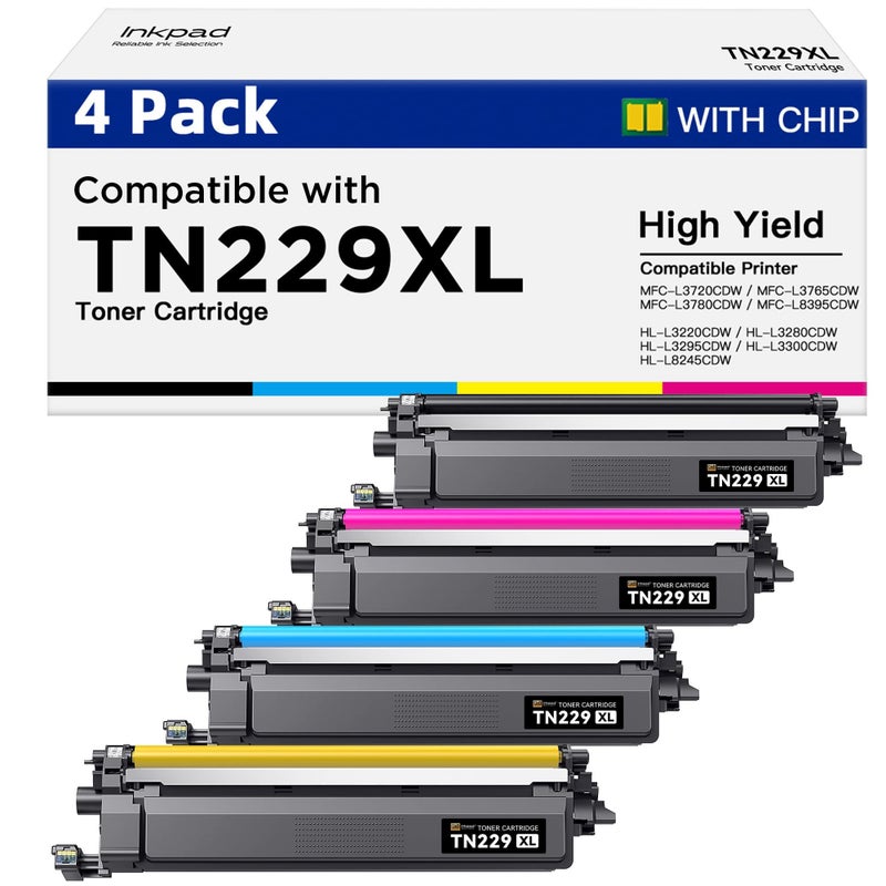 iNKPAD Compatible TN229XL Toner Cartridge 4 Pack High Yield Replacement for Brother TN229XL TN229 Compatible with MFC-L3780CDW HL-L3280CDW MFC-L3720CDW HL-L3300CDW Printers (Bk/C/M/Y) - Image 1