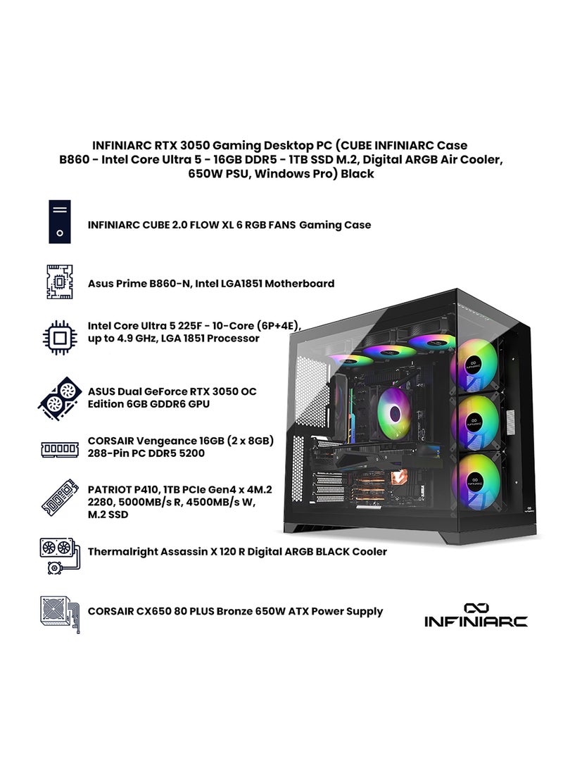 انفني ارك INFINIARC RTX 3050 Gaming Desktop PC (Cube Case, Prime B860-N Motherboard, RTX 3050 6GB GPU, Intel Ultra 5 CPU, 16GB DDR5 RAM, 1TB SSD M.2, Digital ARGB Air Cooler, 650W Bronze PSU, Windows Pro) Black Black - Image 3