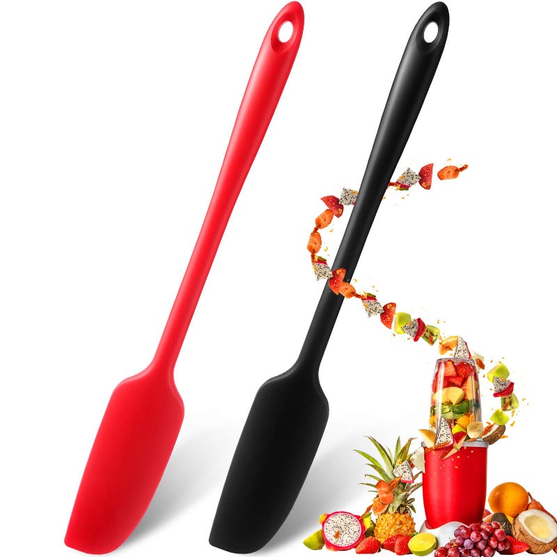 Patelai 2 Pieces Silicone Jar Spatula Long Handle Nonstick Rubber Scraper Heat Resistant Spatula Silicone Scraper for Jars Smoothies Blenders Cooking Baking Stirring Mixing Tools RedBlack
