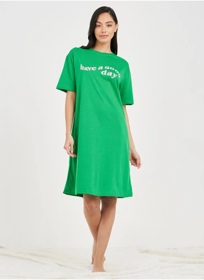 ستايلي Have a Good Day Print Drop Shoulder Sleep T-shirt Dress