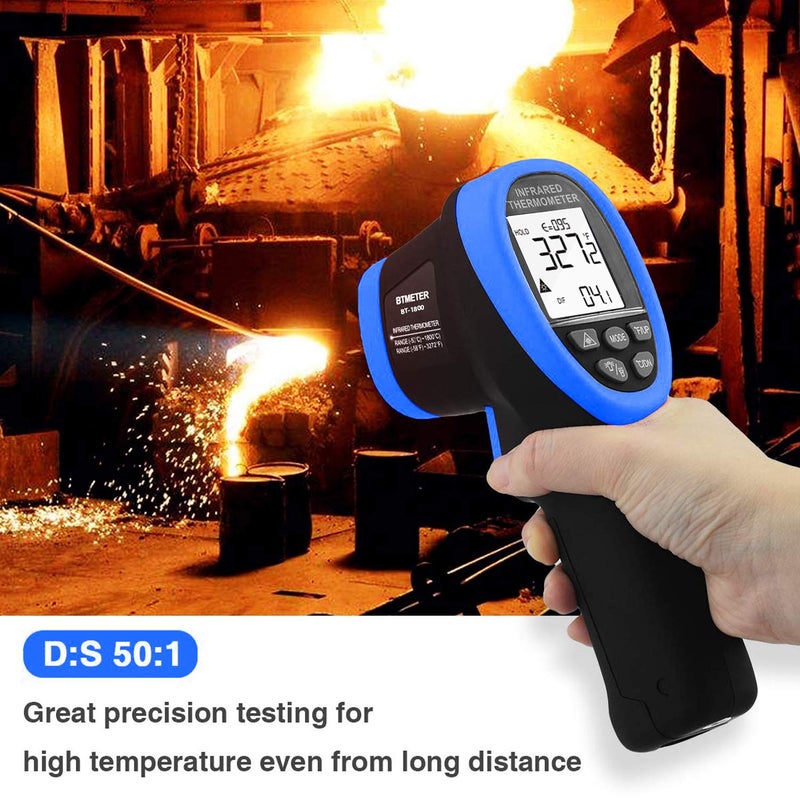 BTMETER BT-1800 Non Contact Pyrometer High Temperature Infrared Thermometer Gun -58°F ~3272°F (-50~1800℃) DS 50:1 for Metal Melting Furnace Forge Kiln Tempe Tester-Blue(NOT for Human Temp) - Image 4