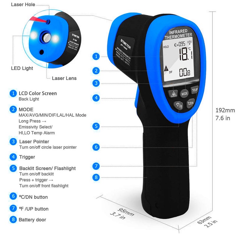 BTMETER BT-1800 Non Contact Pyrometer High Temperature Infrared Thermometer Gun -58°F ~3272°F (-50~1800℃) DS 50:1 for Metal Melting Furnace Forge Kiln Tempe Tester-Blue(NOT for Human Temp) - Image 5