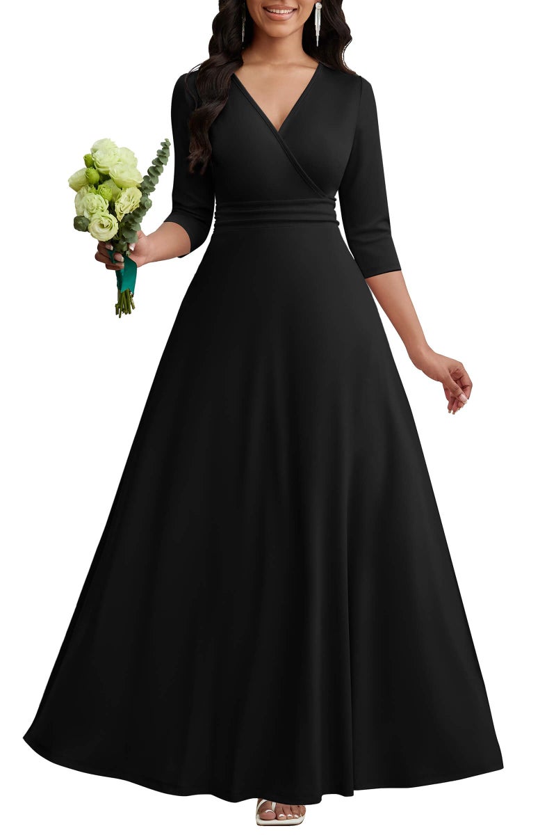 CLOCOR Formal Dresses for Women Long 3/4 Sleeve A Line V Neck Church Dress High Waist Black M - Image 1