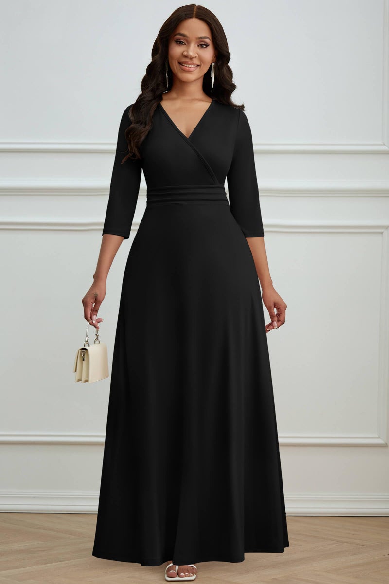 CLOCOR Formal Dresses for Women Long 3/4 Sleeve A Line V Neck Church Dress High Waist Black M - Image 4