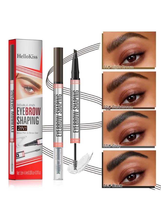 HelloKiss 2-in-1 Brow Pen and Sealing Brow Gel, 3D Microblading Eyebrow Pen Waterproof with 4 Fork Tip & Precise Brush,24h Smudge-Proof 3D Hair-Like Strokes, All-Day Lasting (04#black) - Image 2