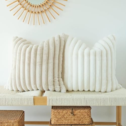 JOJUSIS Pack of 2 Faux Fur Plush Decorative Throw Pillow Covers Couch Cushion Case Soft Pillowcases (Beige, 24 x 24-Inch) - Image 3