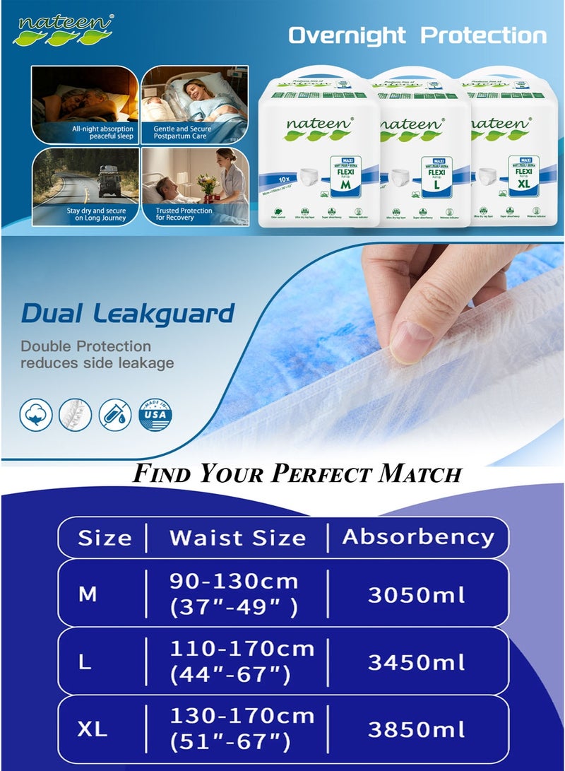 nateen 30 Count Pack of 3 Nateen Flexi Maxi Adult Diapers Pants Night Time Pull Up Large Size Waist 110-170cm Disposable Incontinence Underwear for Men & Women, Ultra Absorbent 3450ml Overnight Adult Pull Ups with Odor Control Wetness Indicator Leak Guard Protection, Breathable Soft Rustle Free Adult Diaper Pants for Elderly Care - Image 2