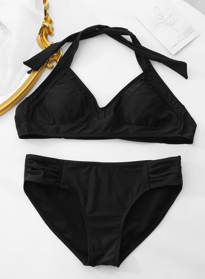 SWIMLANCE Women's Bikini Set Solid Halter Two Piece Bathing Suit Swimsuit, Black, S - Image 5