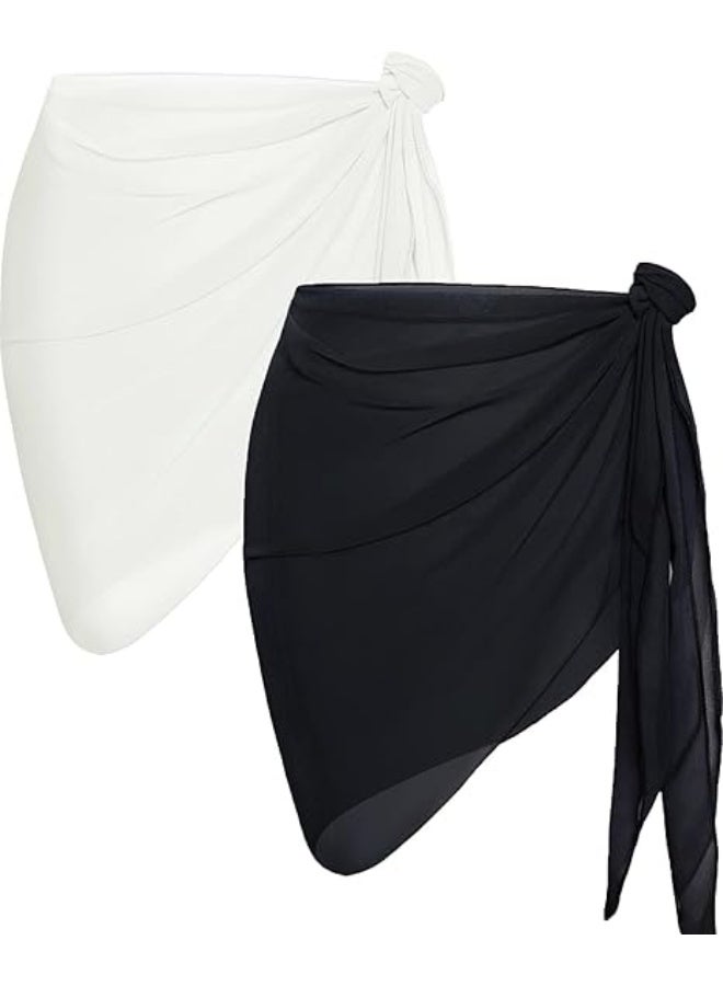 2pcs Women Beach Sarong, Sheer Chiffon Bikini Cover Ups, Wrap Skirt for Swimwear, Black & White - Image 1