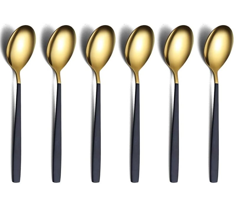 WE-CEF dinnerware Spoon 304 Stainless Steel Titanium Shiny Gold Plating Smooth Edge Modern Design Spoon Silverware Set Dessert Spoon Table Spoon, Suitable for Café Restaurant (Pack - Black - 6) - Image 1