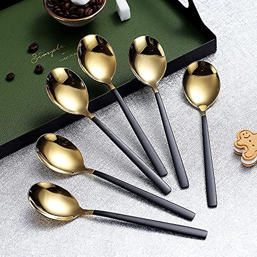 WE-CEF dinnerware Spoon 304 Stainless Steel Titanium Shiny Gold Plating Smooth Edge Modern Design Spoon Silverware Set Dessert Spoon Table Spoon, Suitable for Café Restaurant (Pack - Black - 6) - Image 4