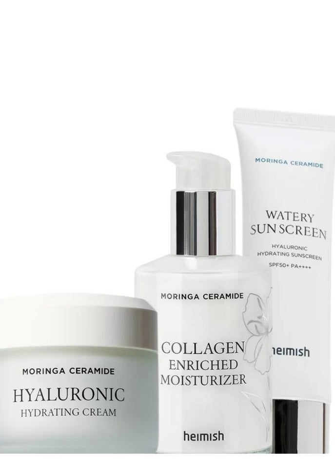 Heimish Heimish Heimish Moringa Ceramide & Hyaluronic Ultimate Hydration Set: Enriched Moisturizer, Hydrating Cream, and Watery Sunscreen SPF50+ 
